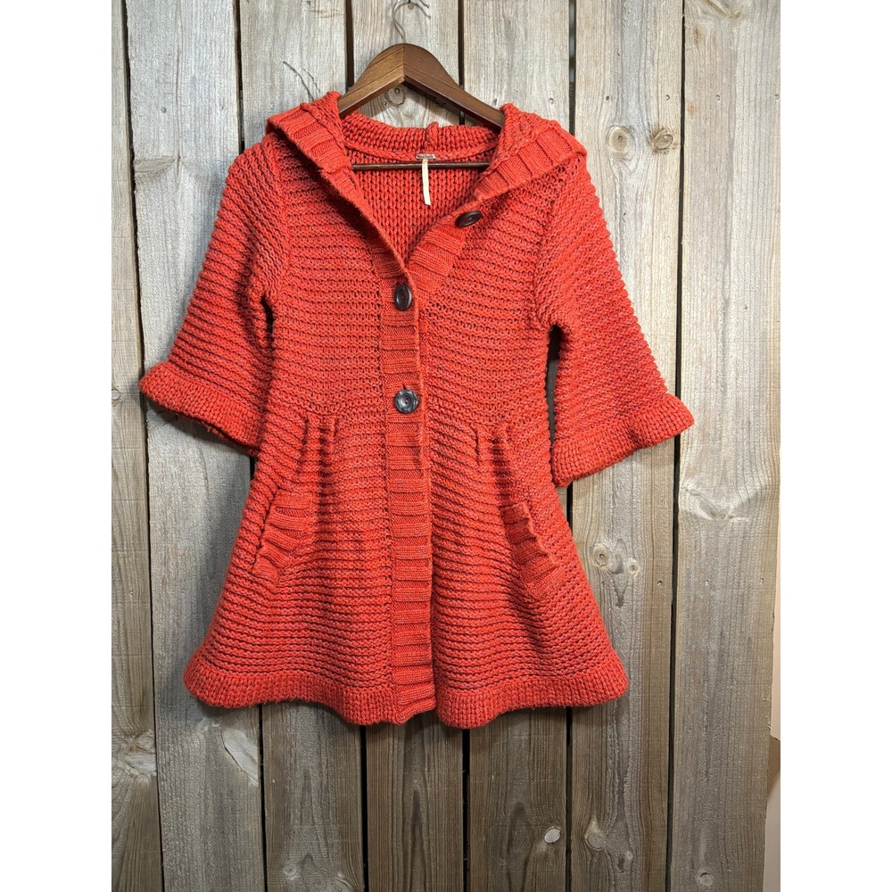 Free People Orange Chunky Knit Hooded Cardigan Button Front Bell‎ Sleeve XS S